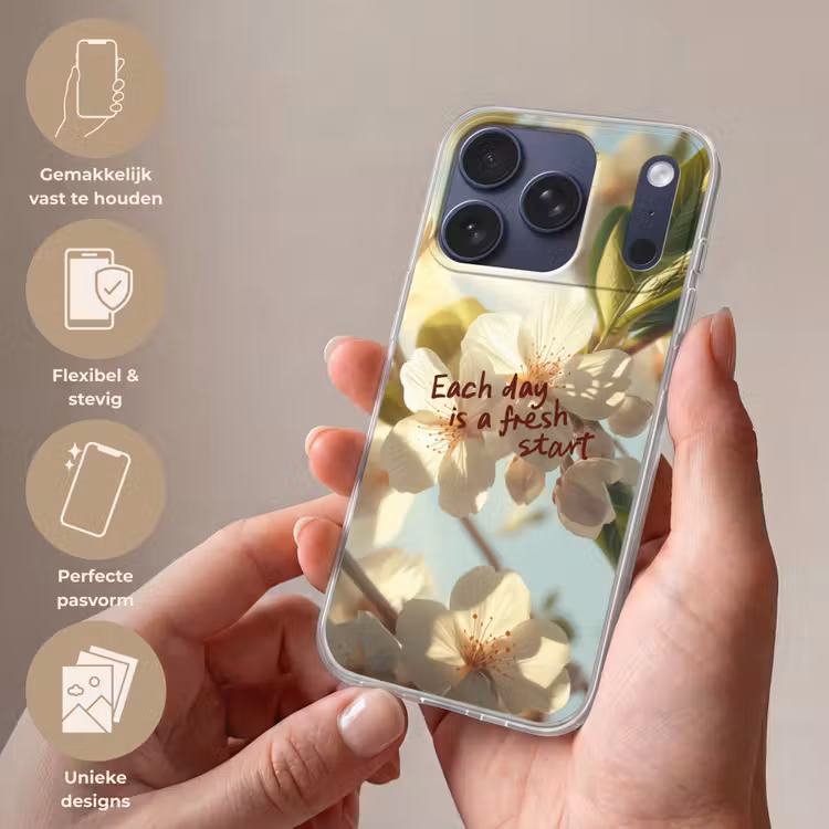 Bloesems - Zonlicht - Quote - Wit Telefoonhoesje iPhone 17 Pro klein -sfeer3_NL
