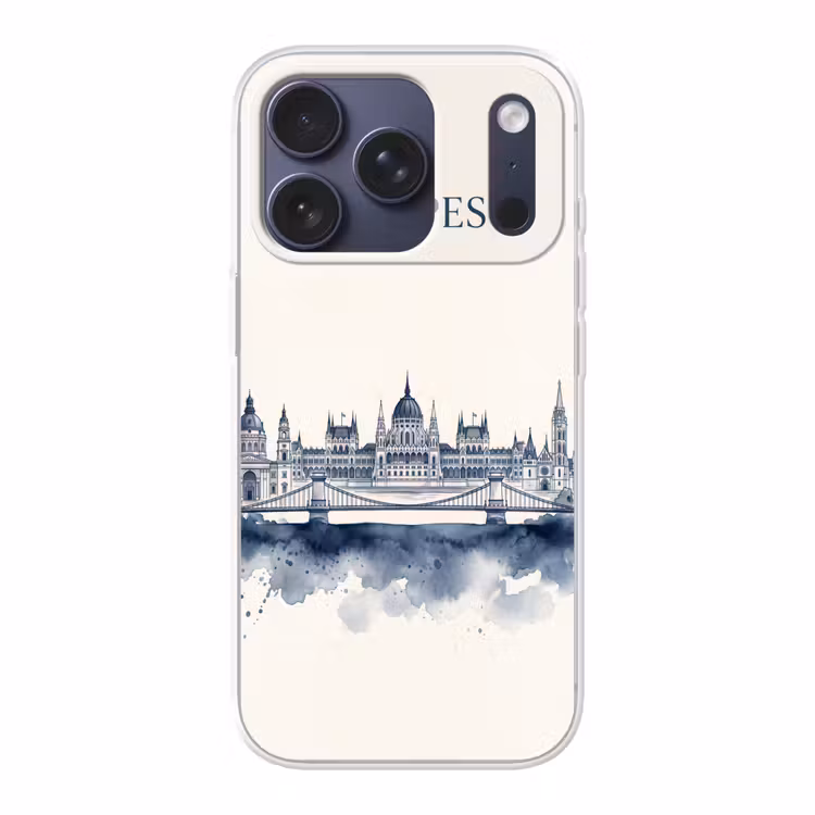 Boedapest - Skyline - Architectuur - Aquarel - Blauw Telefoonhoesje iPhone 17 Pro klein -3d