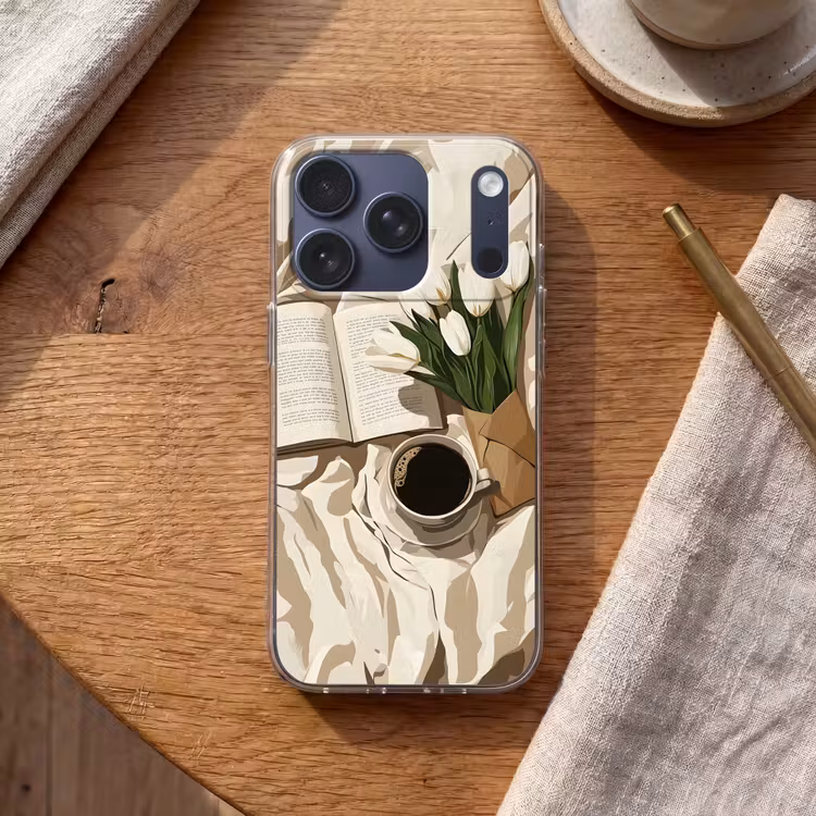 Boek - Illustratie - Tulpen - Koffie Telefoonhoesje iPhone 17 Pro klein -sfeer1
