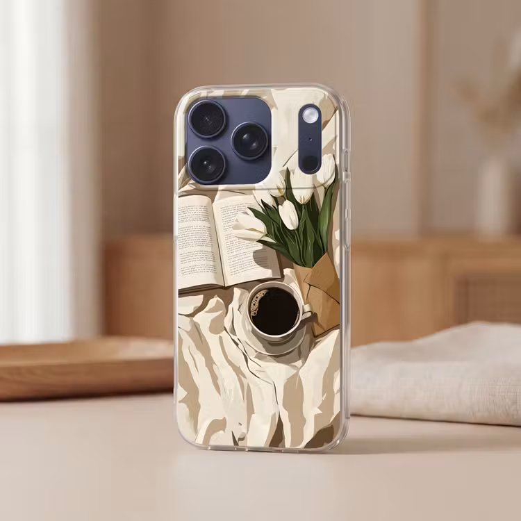 Boek - Illustratie - Tulpen - Koffie Telefoonhoesje iPhone 17 Pro klein -sfeer2
