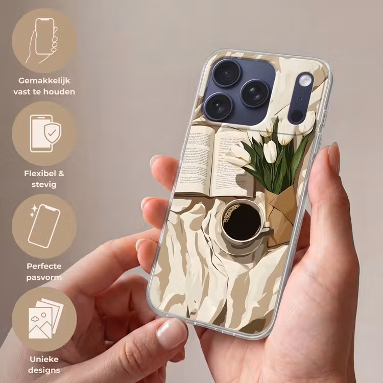 Boek - Illustratie - Tulpen - Koffie Telefoonhoesje iPhone 17 Pro klein -sfeer3_NL