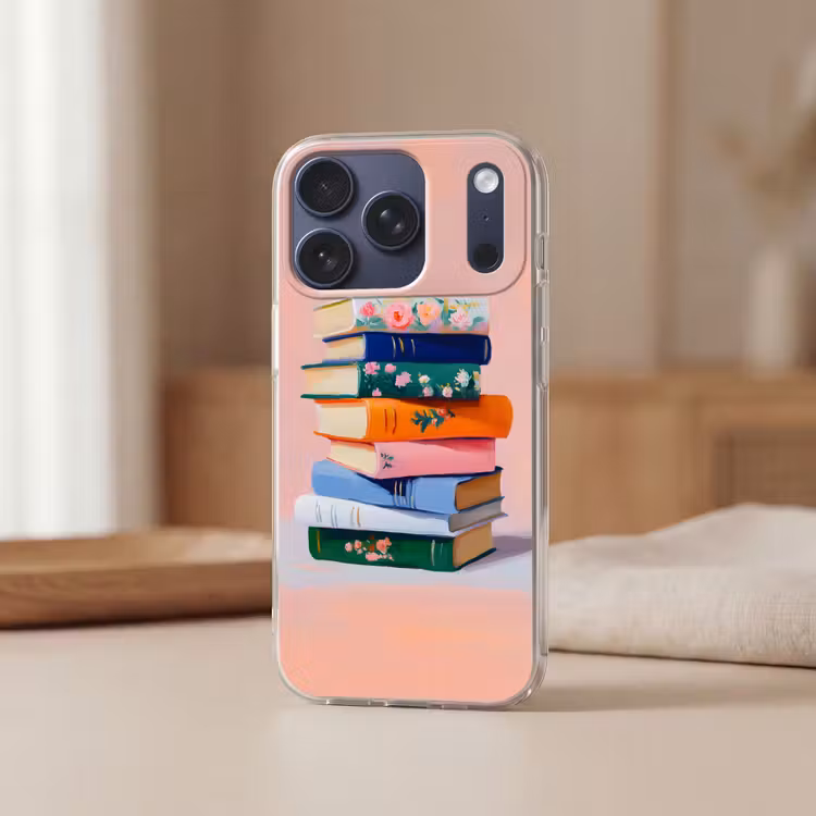 Boeken - Stapel - Kleurrijk Telefoonhoesje iPhone 17 Pro klein -sfeer2
