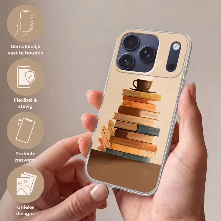 Boeken - Toren - Koffie - Beige Telefoonhoesje iPhone 17 Pro klein -sfeer3_NL