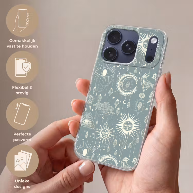 Boho - Print - Blauw - Zon - Ogen - Zen Telefoonhoesje iPhone 17 Pro klein -sfeer3_NL