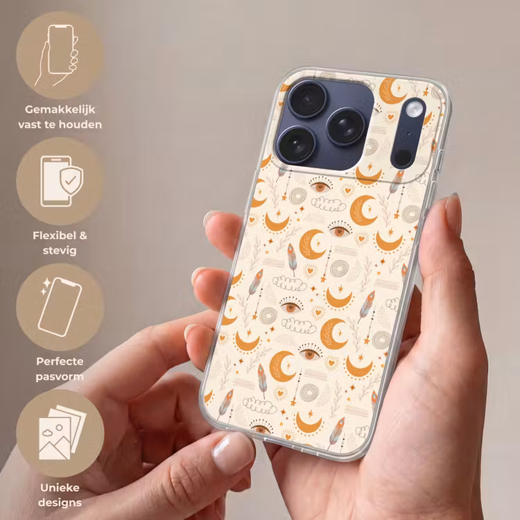 Boho - Print - Ogen - Maan - Veren - Beige Telefoonhoesje iPhone 17 Pro klein -sfeer3_NL