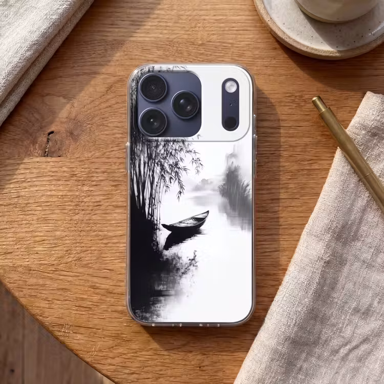 Boot - Rivier - Bamboe - Wit Telefoonhoesje iPhone 17 Pro klein -sfeer1