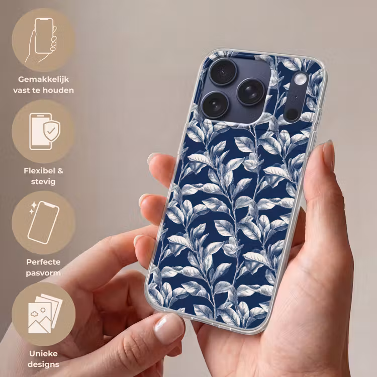 Botanisch - Patroon - Blauw Telefoonhoesje iPhone 17 Pro klein 878 -sfeer3_NL