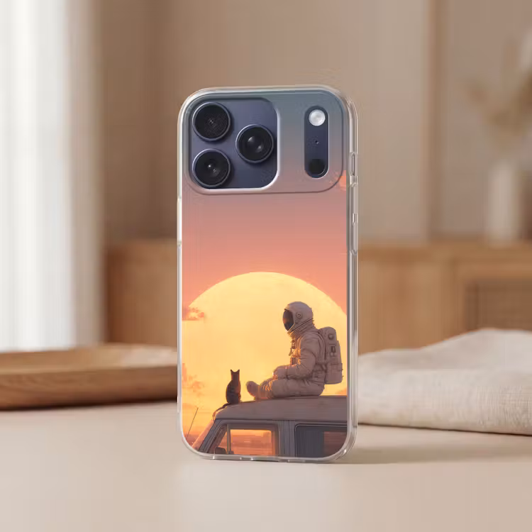 Busje - Kat - Zonsondergang - Oranje Telefoonhoesje iPhone 17 Pro klein -sfeer2