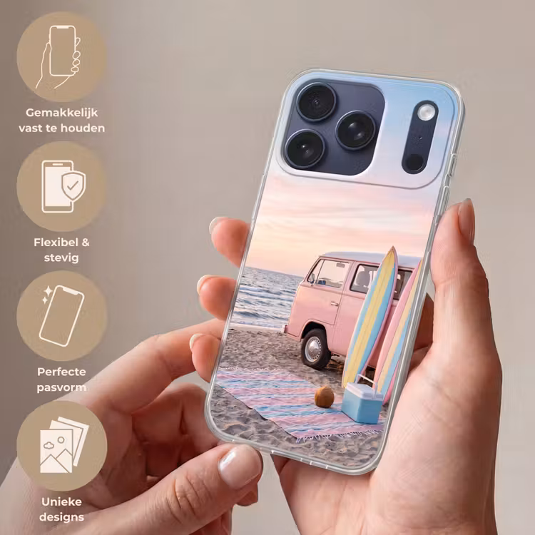 Busje - Strand - Surfplank - Zomer - Roze Telefoonhoesje iPhone 17 Pro klein -sfeer3_NL
