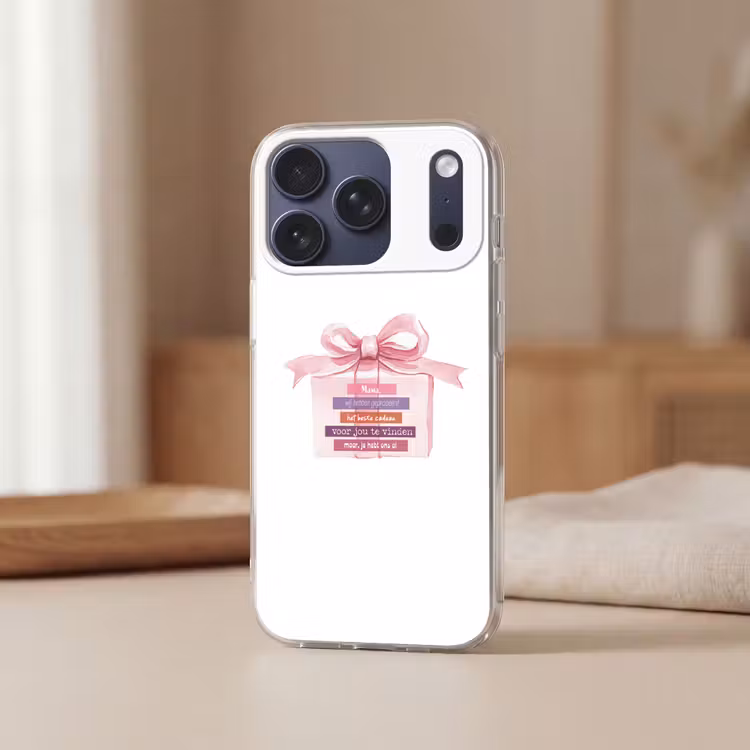 Cadeau - Strik - Tekst - Roze Telefoonhoesje iPhone 17 Pro klein -sfeer2