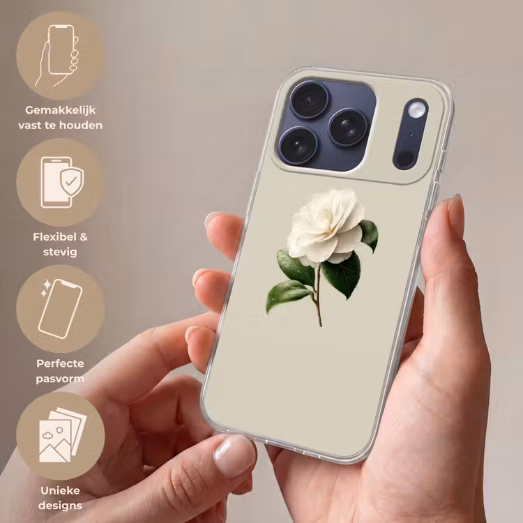 Cameliabloem - Wit - Groen Telefoonhoesje iPhone 17 Pro klein -sfeer3_NL