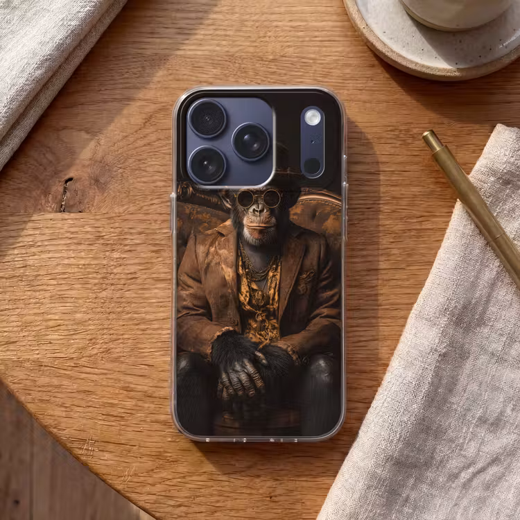 Chimpansee - Stoel - Pak - Bruin Telefoonhoesje iPhone 17 Pro klein -sfeer1