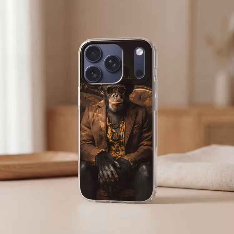 Chimpansee - Stoel - Pak - Bruin Telefoonhoesje iPhone 17 Pro klein -sfeer2