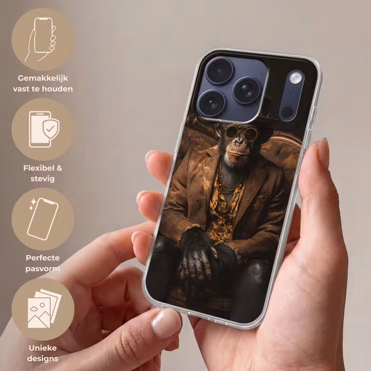 Chimpansee - Stoel - Pak - Bruin Telefoonhoesje iPhone 17 Pro klein -sfeer3_NL