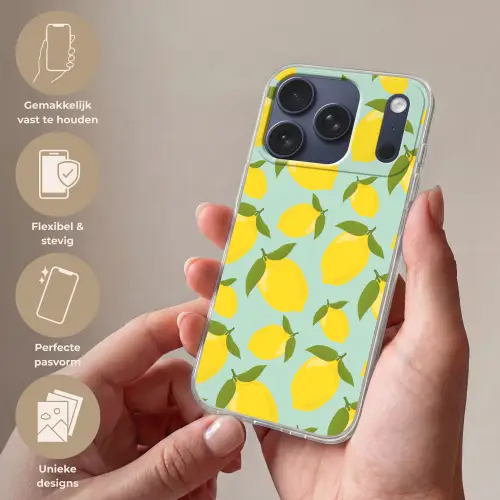 Citroenen patroon - Geel - Blauw - Patroon - Vruchten Telefoonhoesje iPhone 17 Pro klein -sfeer3_NL
