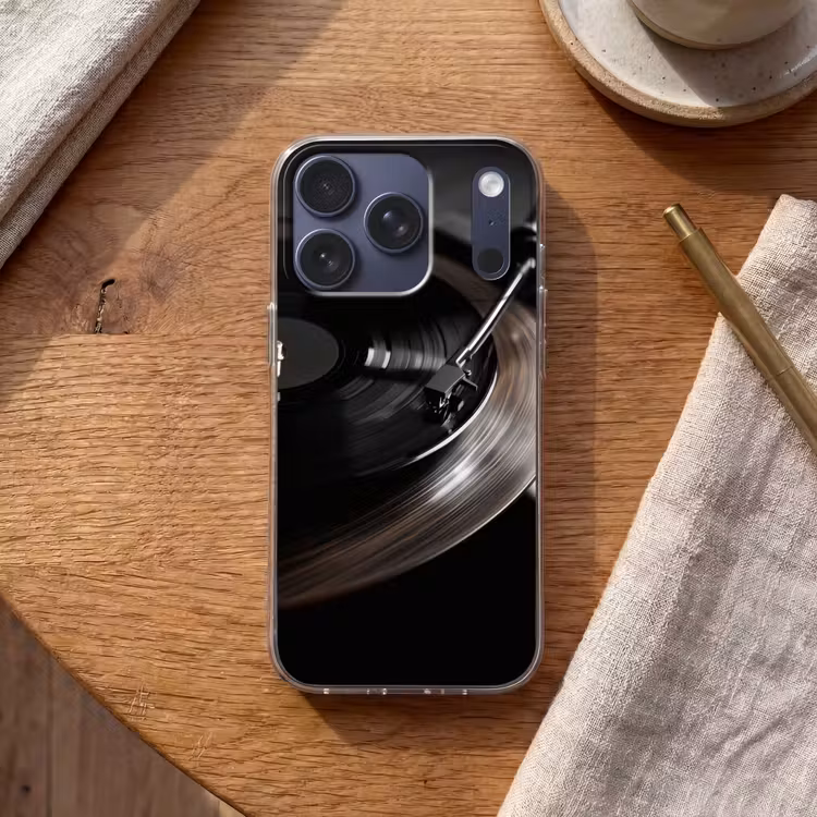 Close-up - Vinylplaat - Platenspeler - Zwart Telefoonhoesje iPhone 17 Pro klein -sfeer1