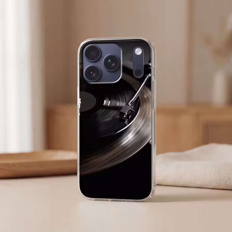 Close-up - Vinylplaat - Platenspeler - Zwart Telefoonhoesje iPhone 17 Pro klein -sfeer2