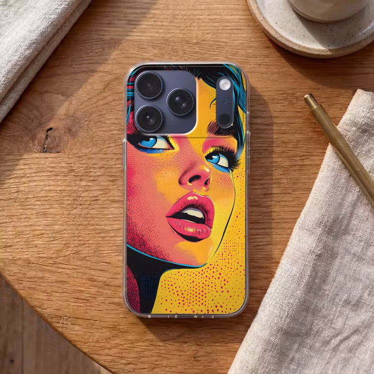 Close-up - Vrouwengezicht - Stippen - Geel Telefoonhoesje iPhone 17 Pro klein -sfeer1