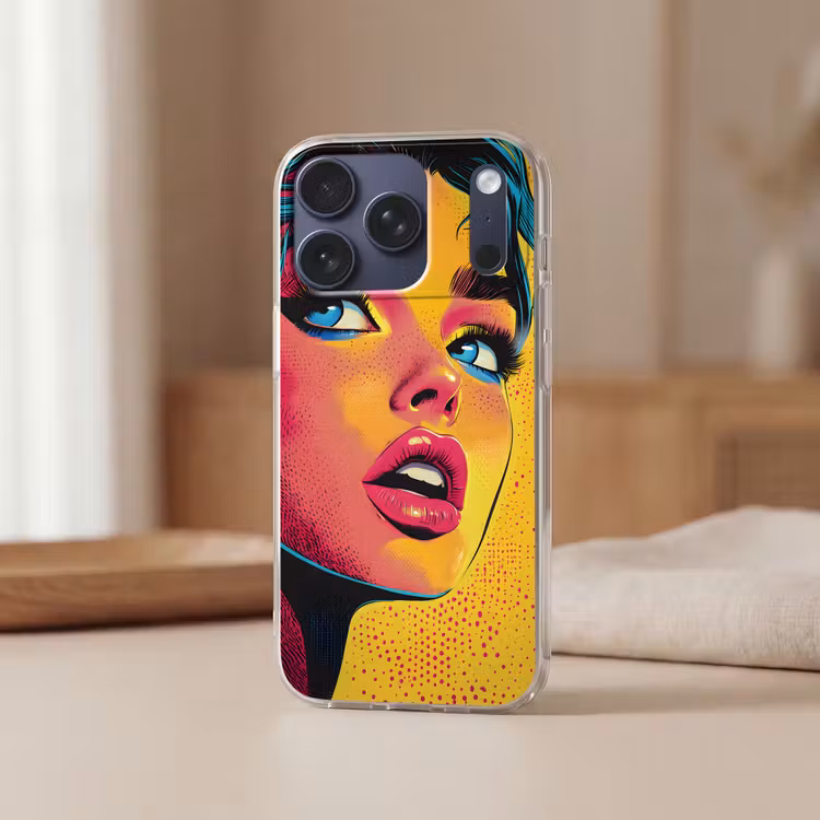 Close-up - Vrouwengezicht - Stippen - Geel Telefoonhoesje iPhone 17 Pro klein -sfeer2