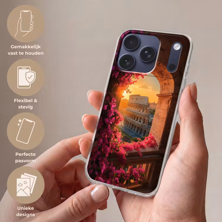 Colosseum - Rome - Roze Bloemen Telefoonhoesje iPhone 17 Pro klein -sfeer3_NL
