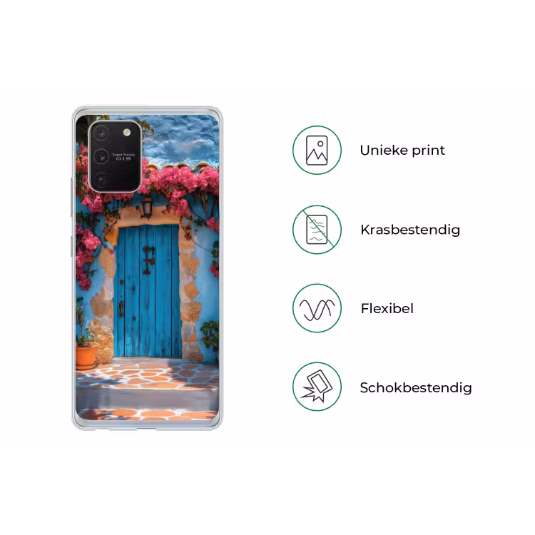 Deur - Hout - Bloemen - Blauw Telefoonhoesje Samsung Galaxy S10 Lite klein -specsS10Lite
