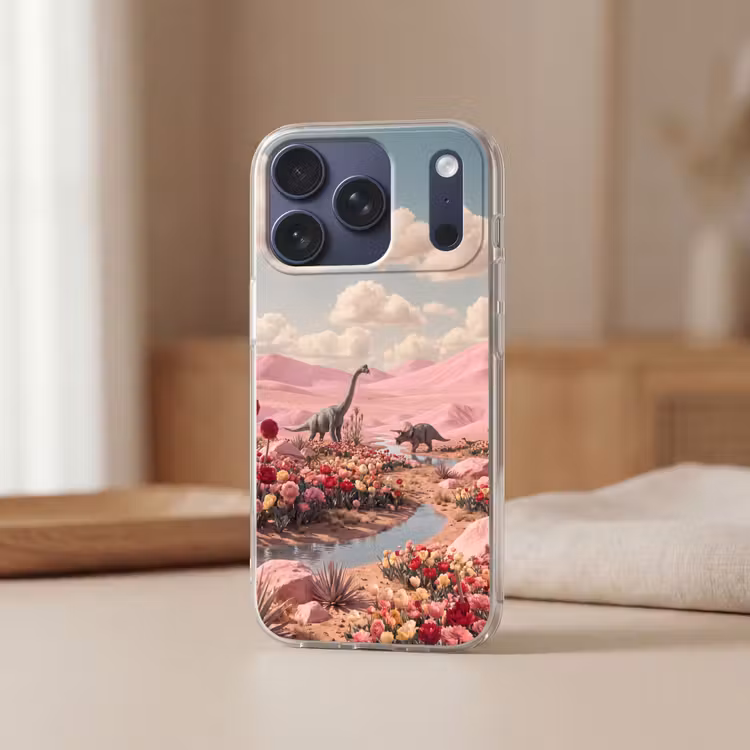 Telefoonhoesje - Dinosaurus - Roze - Landschap - Dinosaurus - Roze - Landschap Telefoonhoesje iPhone 17 Pro klein