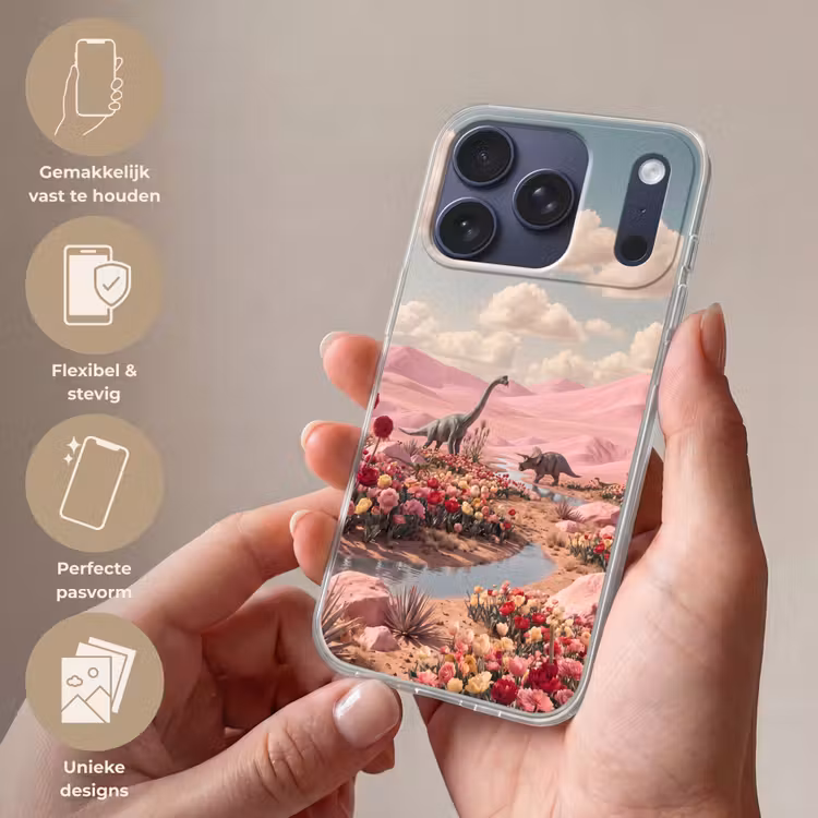 Telefoonhoesje - Dinosaurus - Roze - Landschap - Dinosaurus - Roze - Landschap Telefoonhoesje iPhone 17 Pro klein