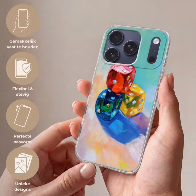 Dobbelstenen - Kleurrijk - Getallen - Stipjes Telefoonhoesje iPhone 17 Pro klein -sfeer3_NL