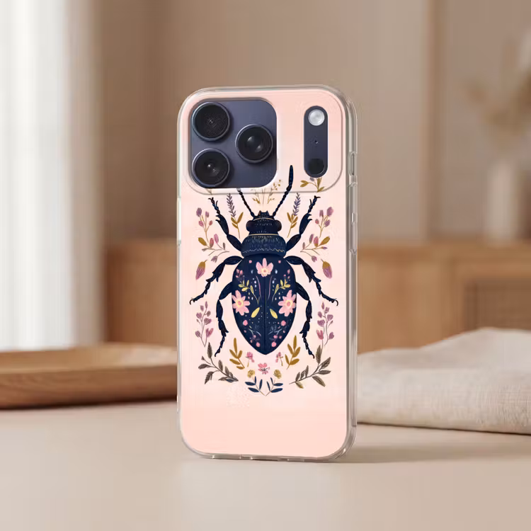 Donkerblauw - Kever - Bloemtakken - Sierlijk Telefoonhoesje iPhone 17 Pro klein -sfeer2