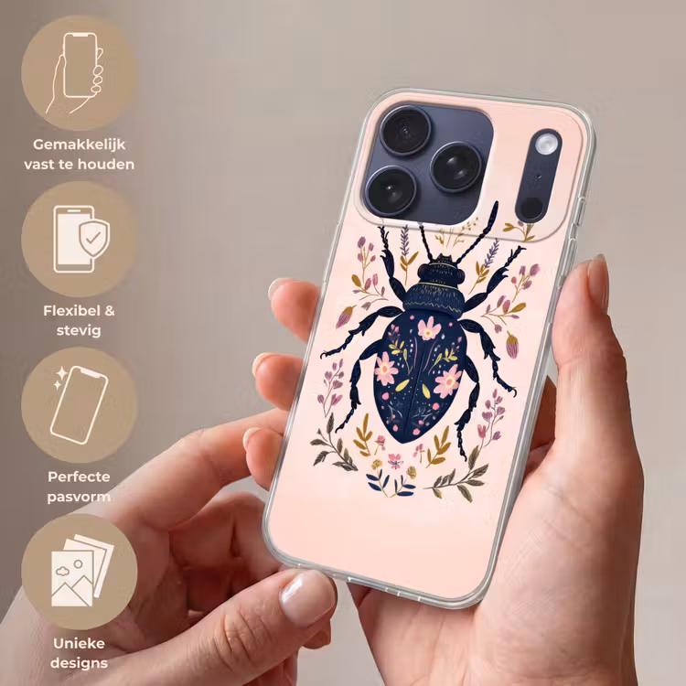 Donkerblauw - Kever - Bloemtakken - Sierlijk Telefoonhoesje iPhone 17 Pro klein -sfeer3_NL