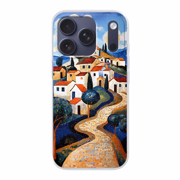 Dorp - Heuvelachtig - Zon - Mozaïek Telefoonhoesje iPhone 17 Pro klein -3d