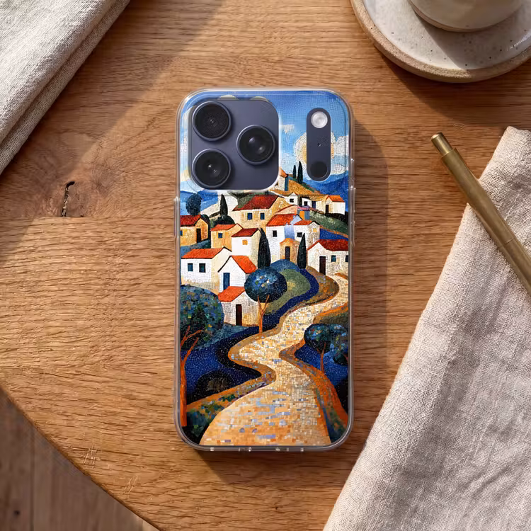 Dorp - Heuvelachtig - Zon - Mozaïek Telefoonhoesje iPhone 17 Pro klein -sfeer1