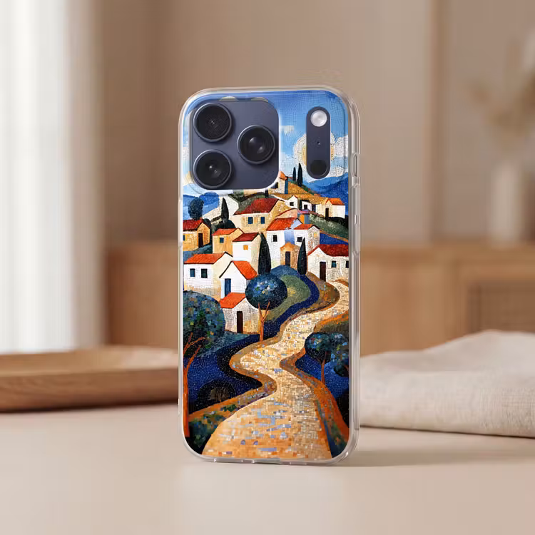 Dorp - Heuvelachtig - Zon - Mozaïek Telefoonhoesje iPhone 17 Pro klein -sfeer2