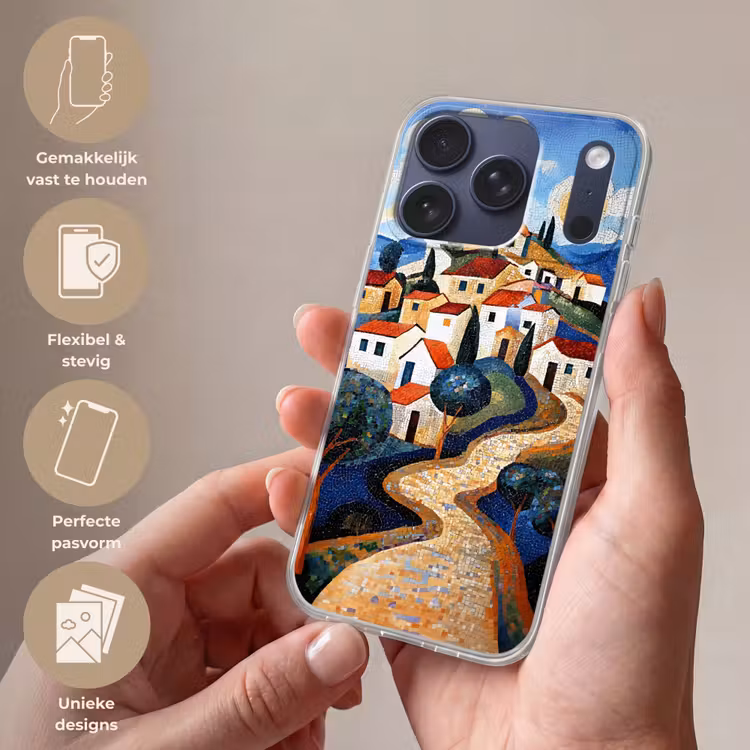 Dorp - Heuvelachtig - Zon - Mozaïek Telefoonhoesje iPhone 17 Pro klein -sfeer3_NL