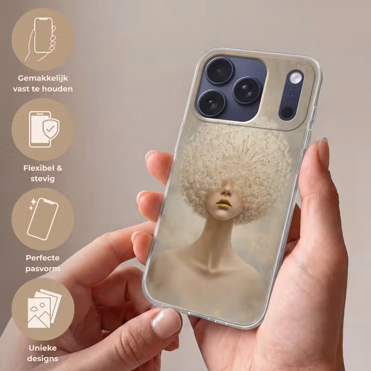 Dromerig - Beige - Paardenbloemzaadjes Telefoonhoesje iPhone 17 Pro klein -sfeer3_NL
