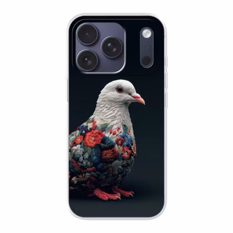 Duif - Bloemen - Wit - Zwart Telefoonhoesje iPhone 17 Pro klein -3d