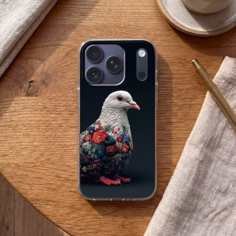 Duif - Bloemen - Wit - Zwart Telefoonhoesje iPhone 17 Pro klein -sfeer1