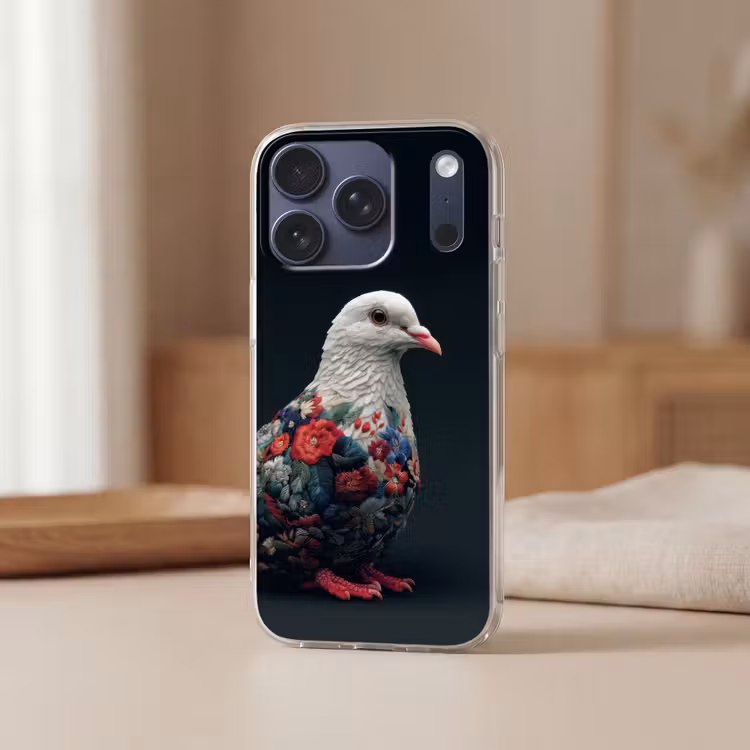 Duif - Bloemen - Wit - Zwart Telefoonhoesje iPhone 17 Pro klein -sfeer2
