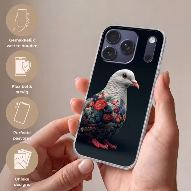 Duif - Bloemen - Wit - Zwart Telefoonhoesje iPhone 17 Pro klein -sfeer3_NL