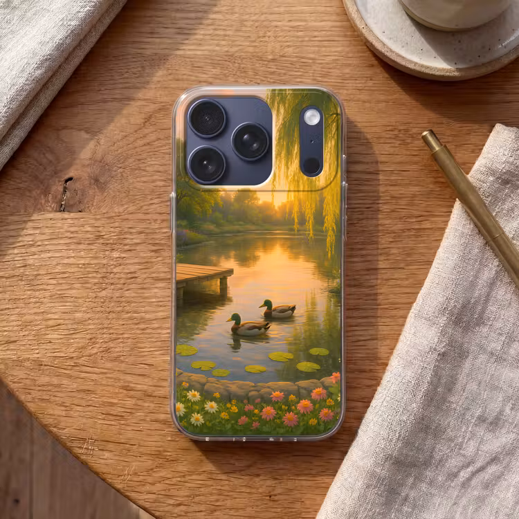 Eenden - Vijver - Bloemen Telefoonhoesje iPhone 17 Pro klein -sfeer1