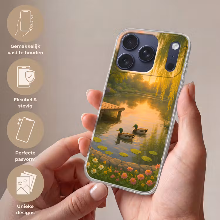 Eenden - Vijver - Bloemen Telefoonhoesje iPhone 17 Pro klein -sfeer3_NL