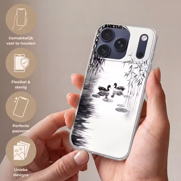Eenden - Waterlelies - Riet - Zwart Telefoonhoesje iPhone 17 Pro klein -sfeer3_NL