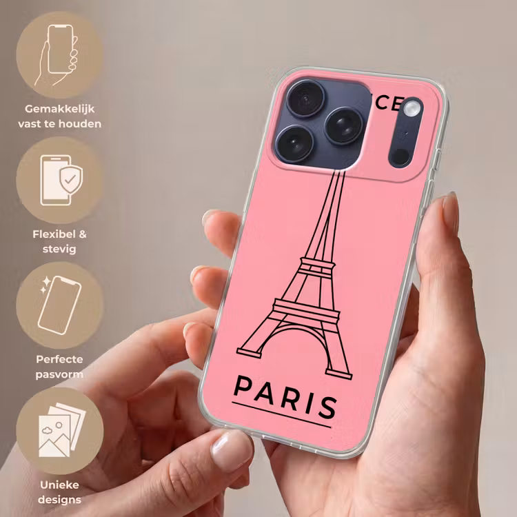 Eiffeltoren - Parijs - Architectuur - Minimalistisch - Roze Telefoonhoesje iPhone 17 Pro klein -sfeer3_NL