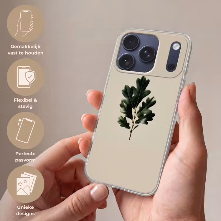 Eikenbladeren - Beige - Groen - Golvende randen Telefoonhoesje iPhone 17 Pro klein -sfeer3_NL