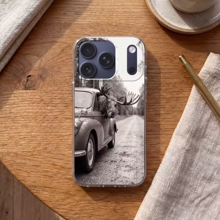 Eland - Auto - Gewei - Zwart - Wit Telefoonhoesje iPhone 17 Pro klein -sfeer1