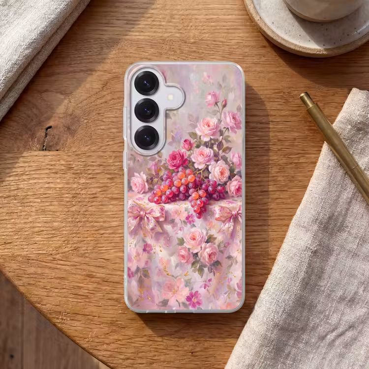 Eten - Bloemen - Stilleven - Roze - Goud Telefoonhoesje Samsung Galaxy S26 klein -sfeer1
