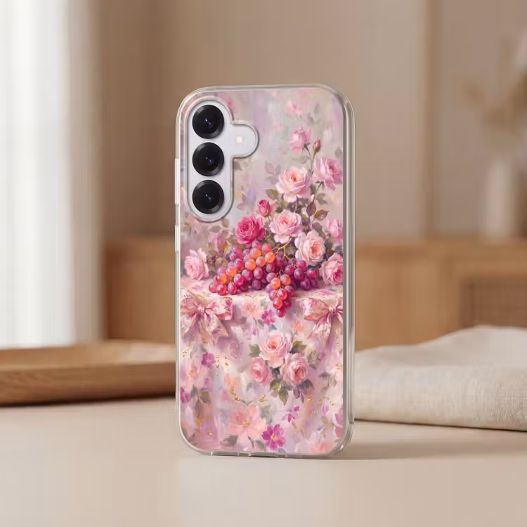 Eten - Bloemen - Stilleven - Roze - Goud Telefoonhoesje Samsung Galaxy S26 klein -sfeer2