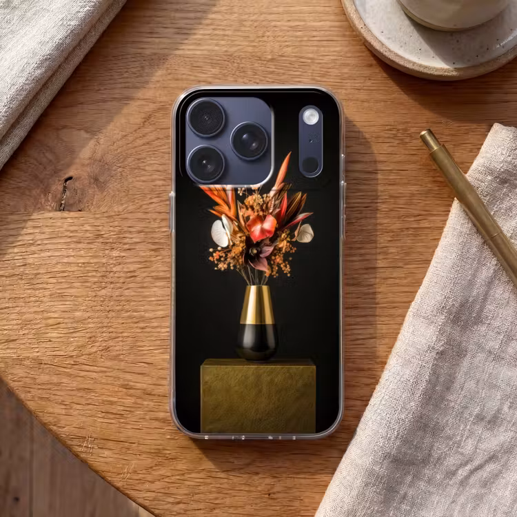 Exotisch - Boeket - Vaas - Goud Telefoonhoesje iPhone 17 Pro klein -sfeer1