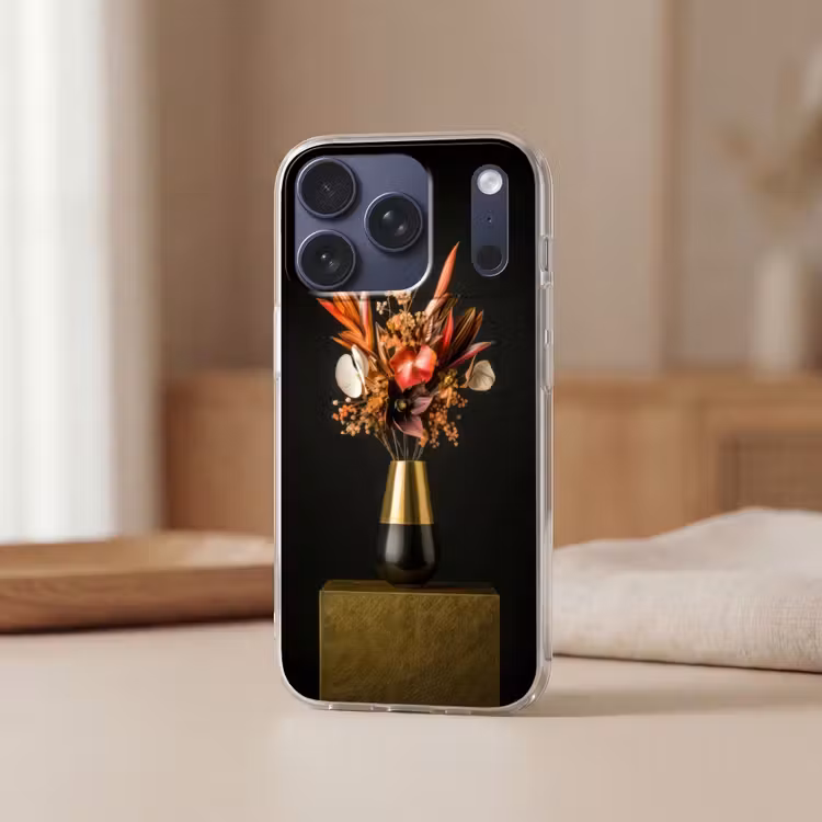 Exotisch - Boeket - Vaas - Goud Telefoonhoesje iPhone 17 Pro klein -sfeer2