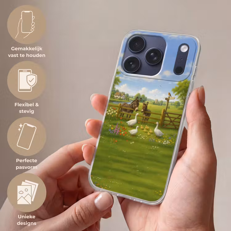 Ezels - Ganzen - Kleurrijk Telefoonhoesje iPhone 17 Pro klein -sfeer3_NL